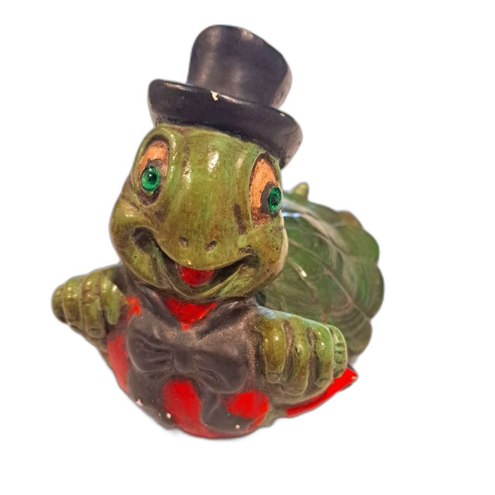 Vintage ceramic art turtle statue figurine with top hat and bow tie cottagecore